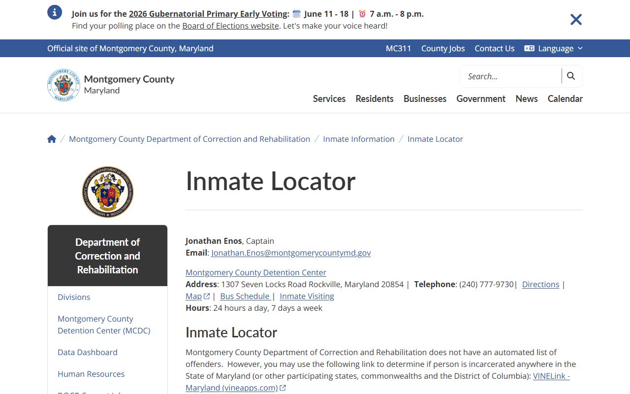 Montgomery County inmate population locator page explaining no automated offender list
