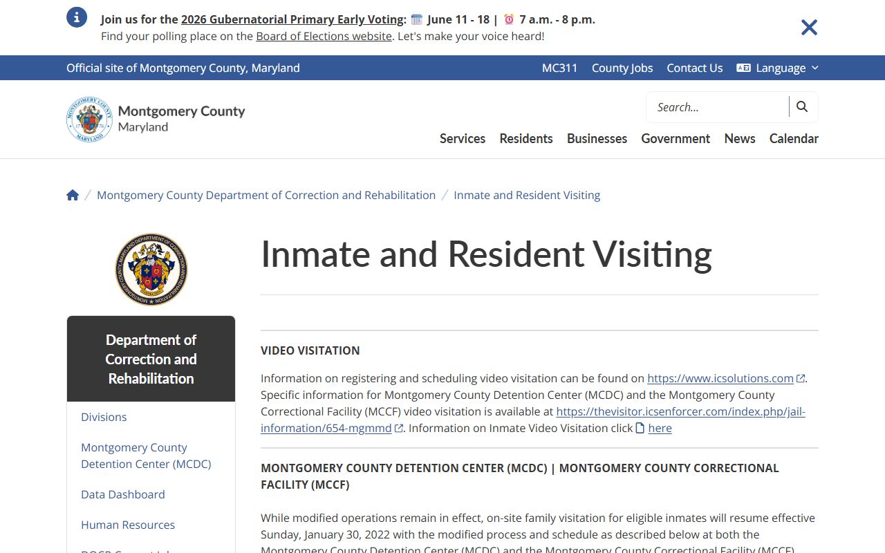 Montgomery County inmate records visitation schedule for MCDC and MCCF