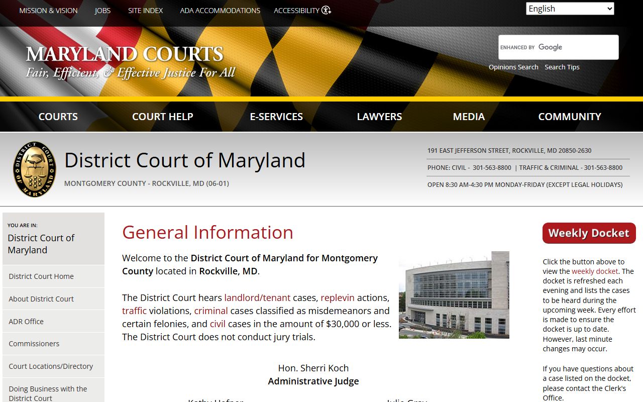 Montgomery County court records after jail arrest District Court Rockville contact page
