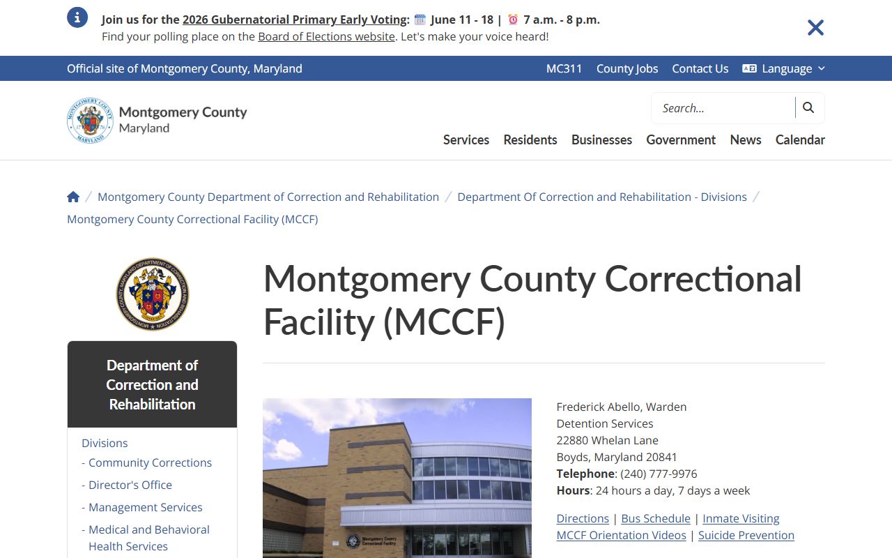 Montgomery County Correctional Facility MCCF inmate lookup facility page