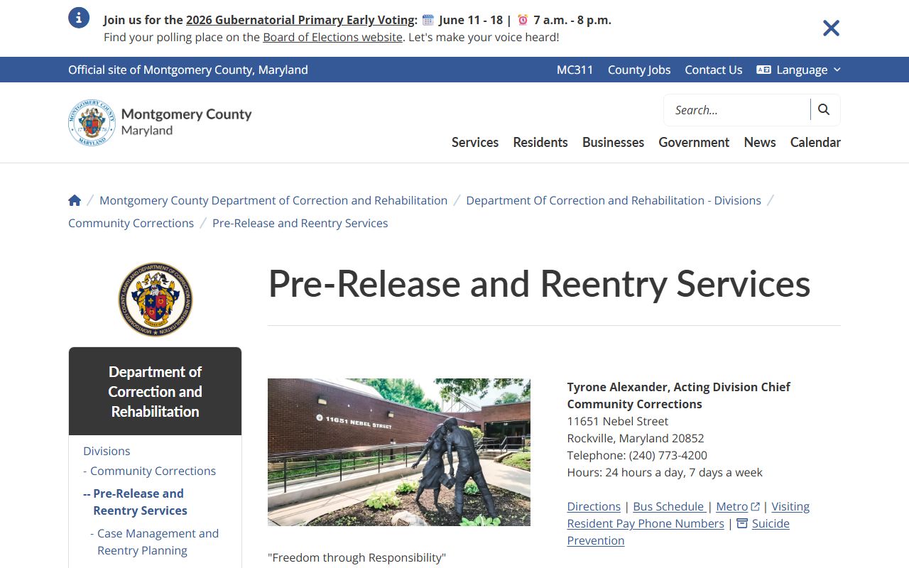 Montgomery County Pre-Release Center PRRS resident lookup work release facility page
