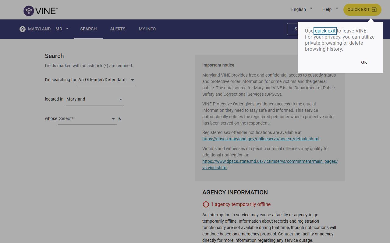 Maryland VINELink Montgomery County inmate records custody search